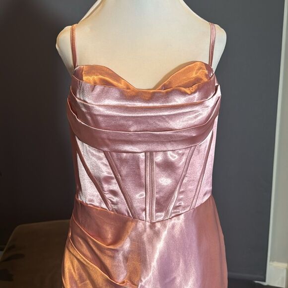 Pink Full Length Prom Party Dress Criss Cross Back Straps Leg Slit Size 14 NEW - Picture 2 of 11